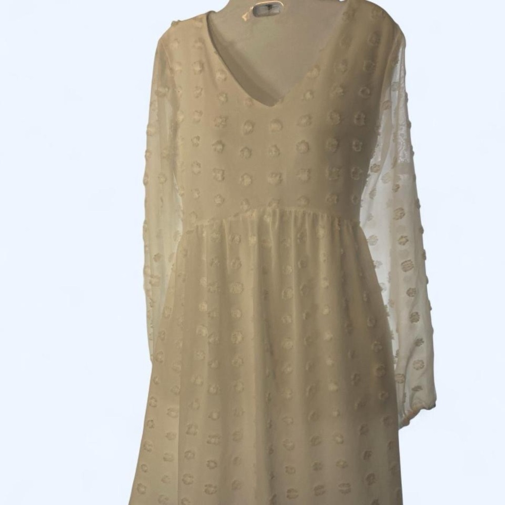 White midi dress w long sheer sleeves & polka dot details Blooming Cady S